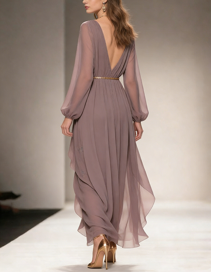 Dusty Mauve Chiffon V-Neck High-Low Maxi Dress