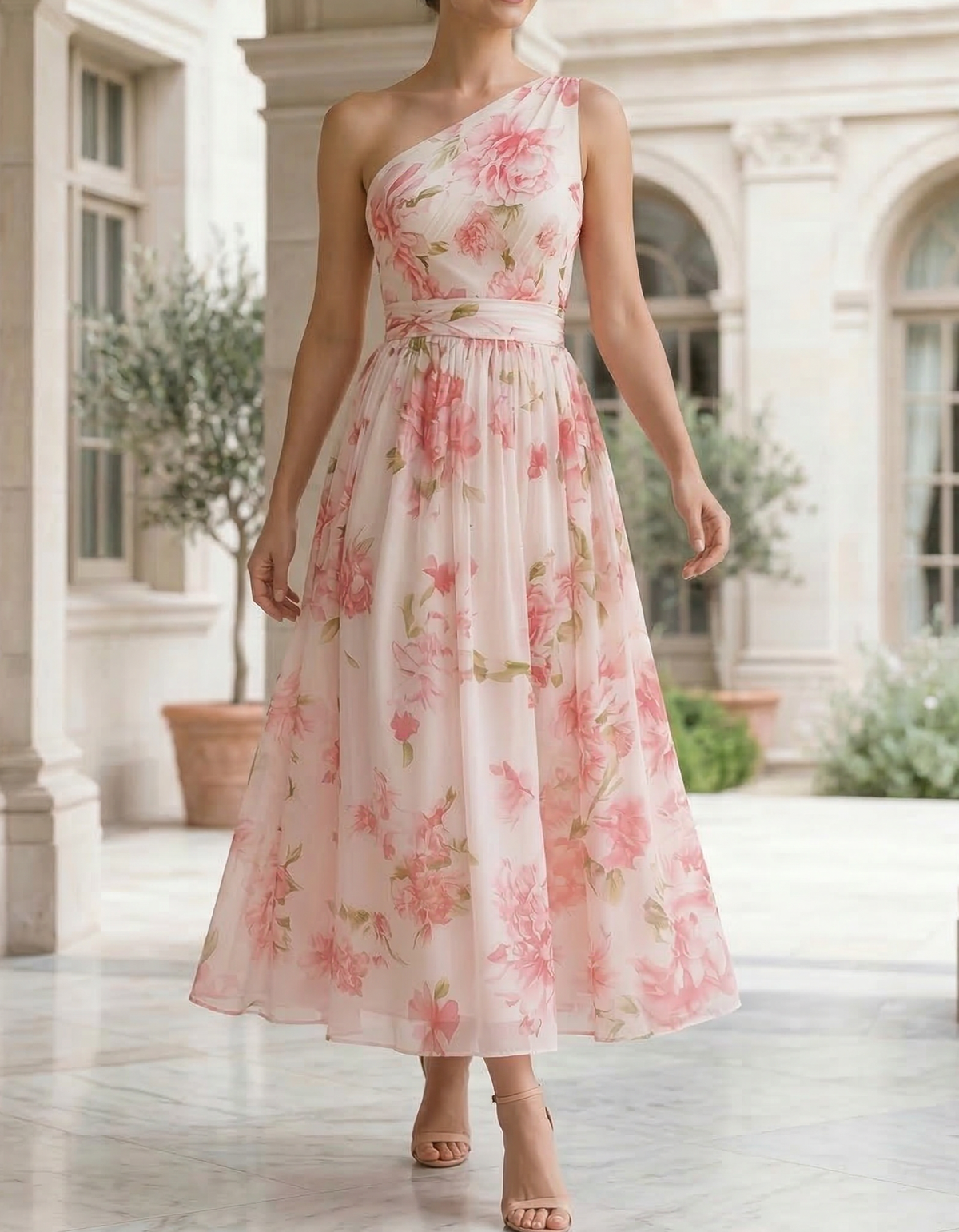 Pink Chiffon One-Shoulder Floral Print Midi Dress