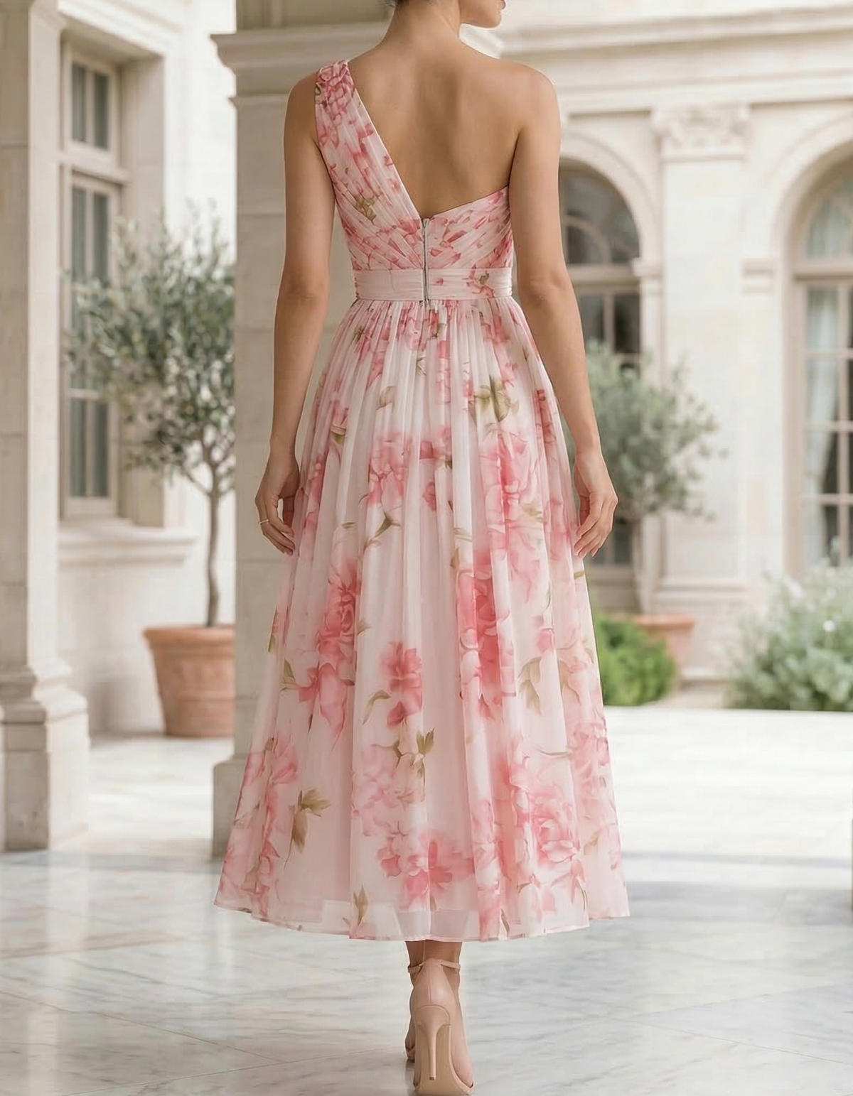 Pink Chiffon One-Shoulder Floral Print Midi Dress