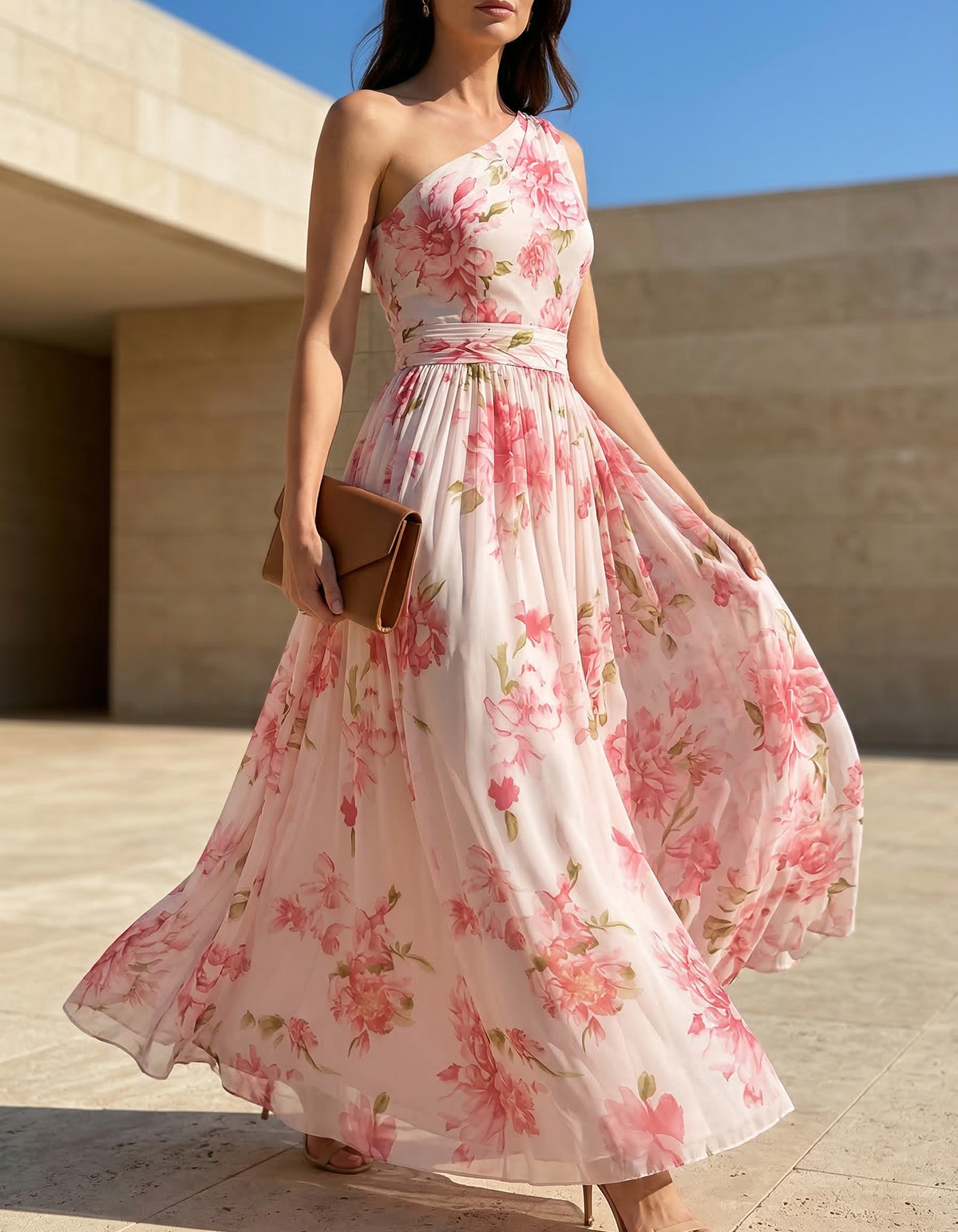 Pink Chiffon One-Shoulder Floral Print Midi Dress