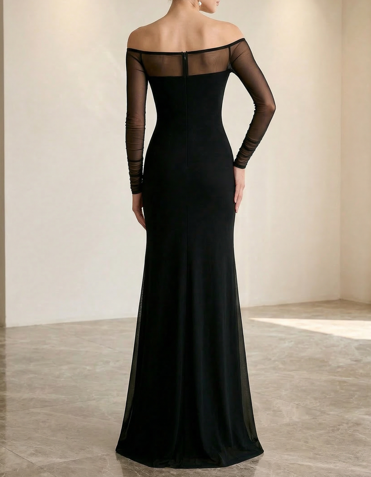 Black Chiffon Mesh Off-Shoulder Fishtail Maxi Dress