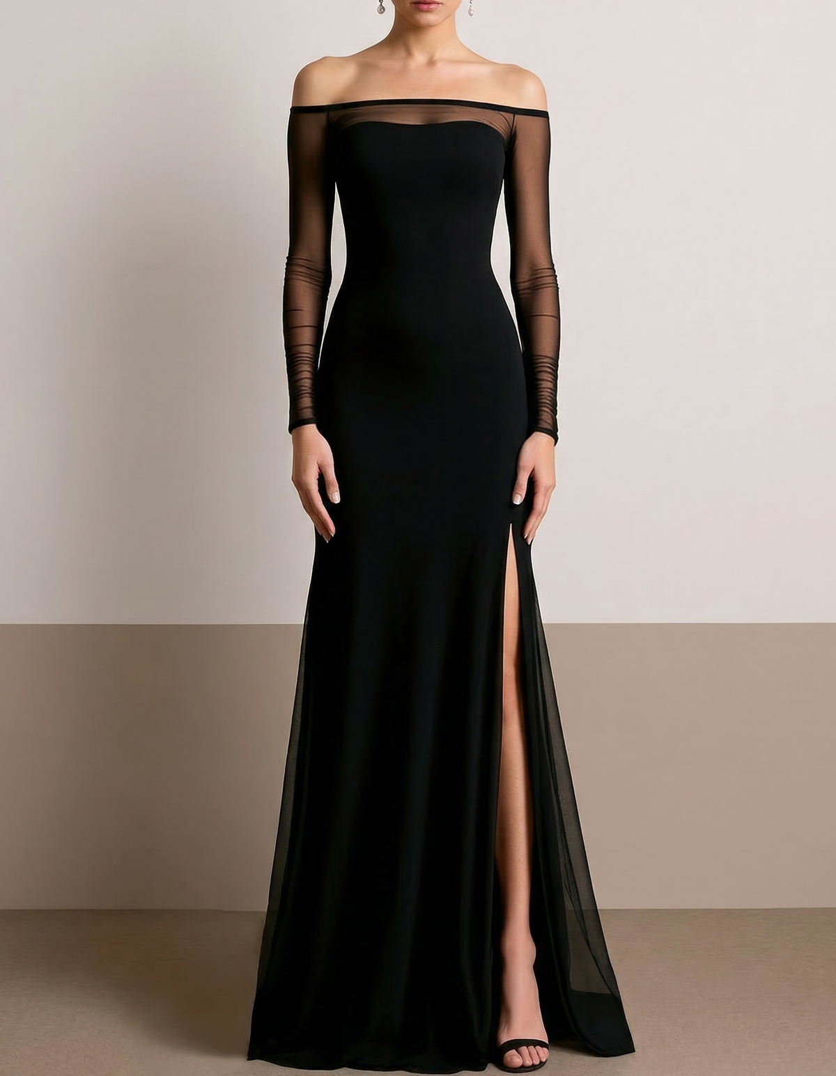 Black Chiffon Mesh Off-Shoulder Fishtail Maxi Dress