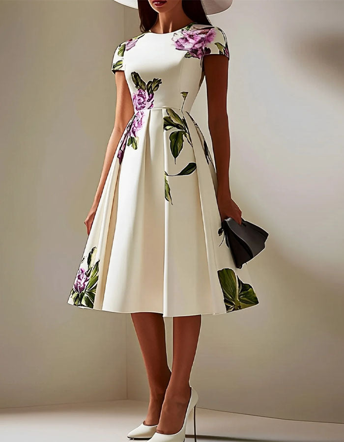 White And Purple Floral Print Crew Neck Short Sleeved Midi Dress