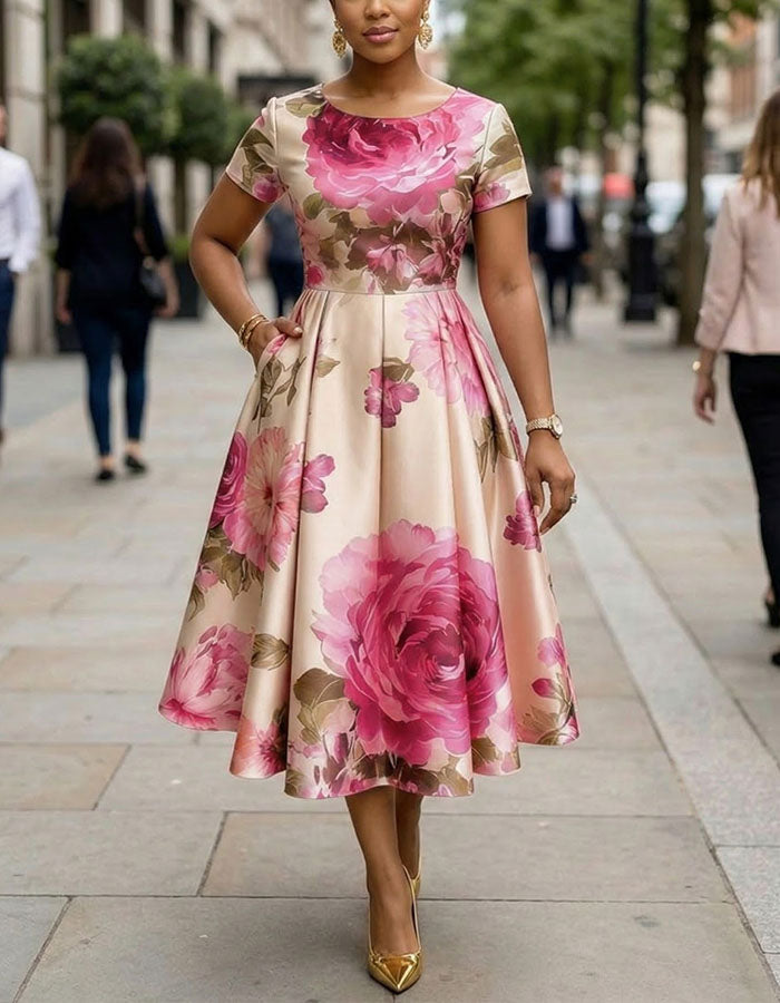 Vestido midi de satén nude con flores grandes de color rojo rosa
