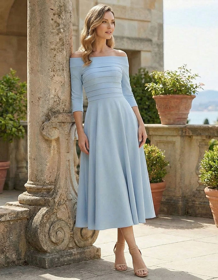 Robe Midi Parapluie Cintrée à Col Rond Bleu Clair