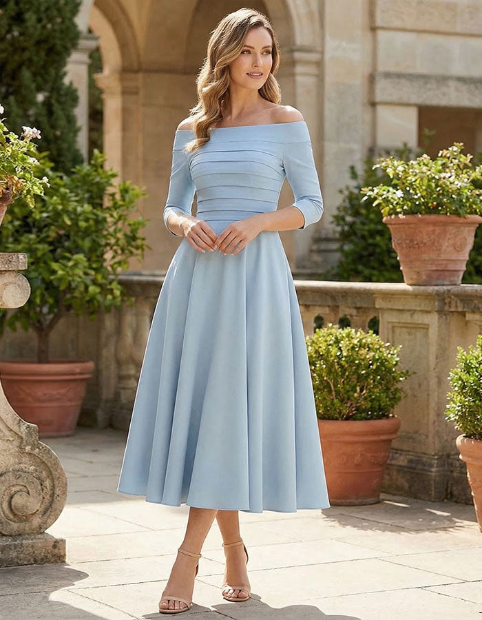 Robe Midi Parapluie Cintrée à Col Rond Bleu Clair