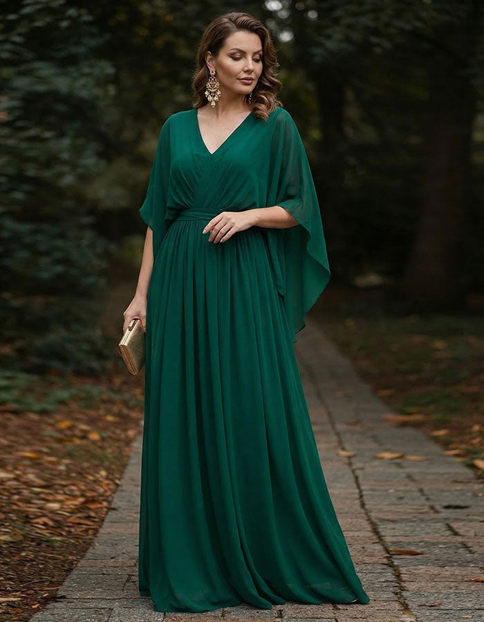 Dark Green V-Neck Chiffon Cape Sleeves Maxi Dress