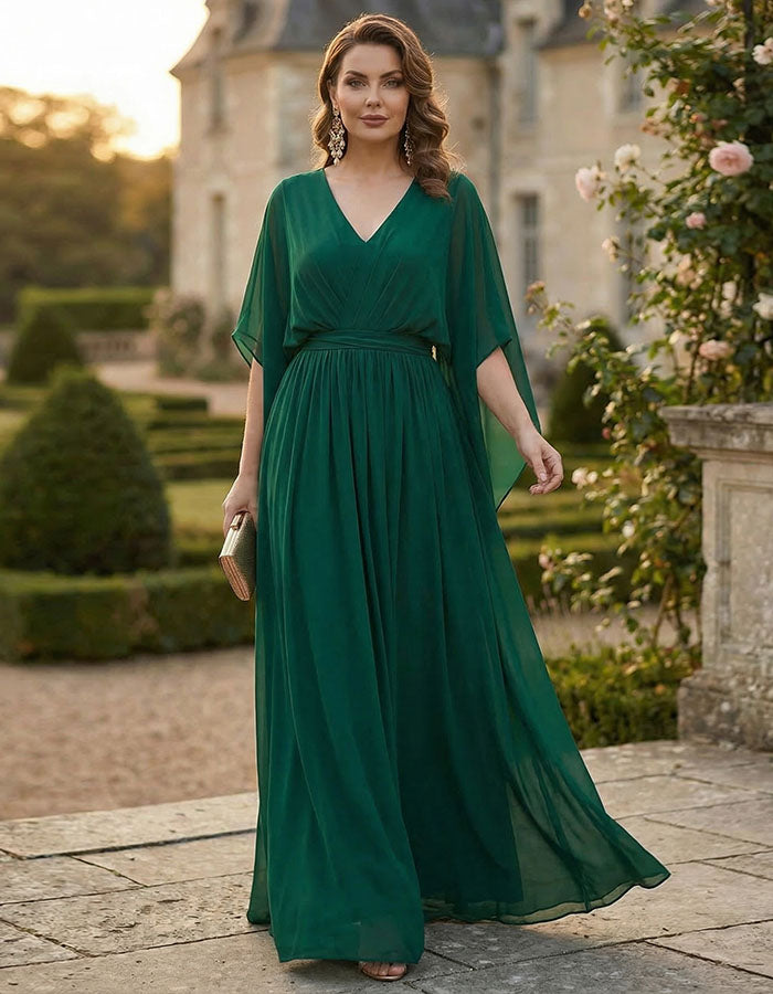 Dark Green V-Neck Chiffon Cape Sleeves Maxi Dress