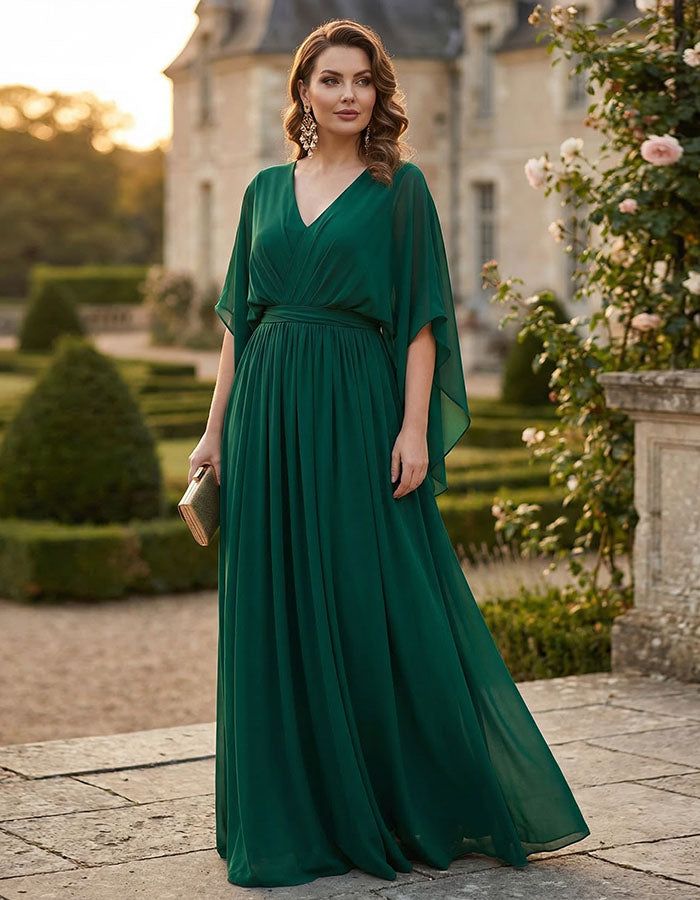 Dark Green V-Neck Chiffon Cape Sleeves Maxi Dress