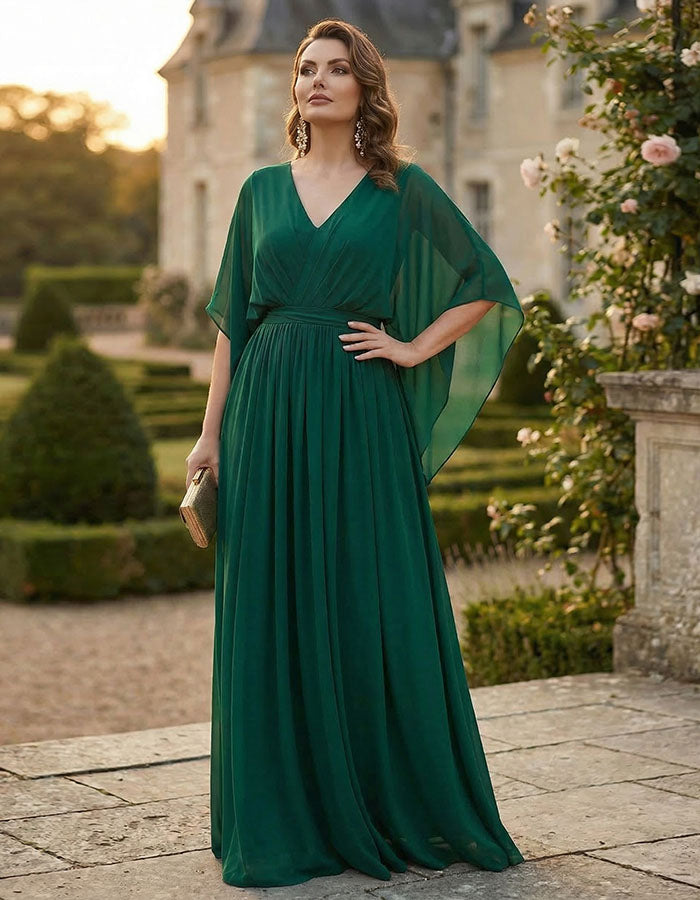 Dark Green V-Neck Chiffon Cape Sleeves Maxi Dress