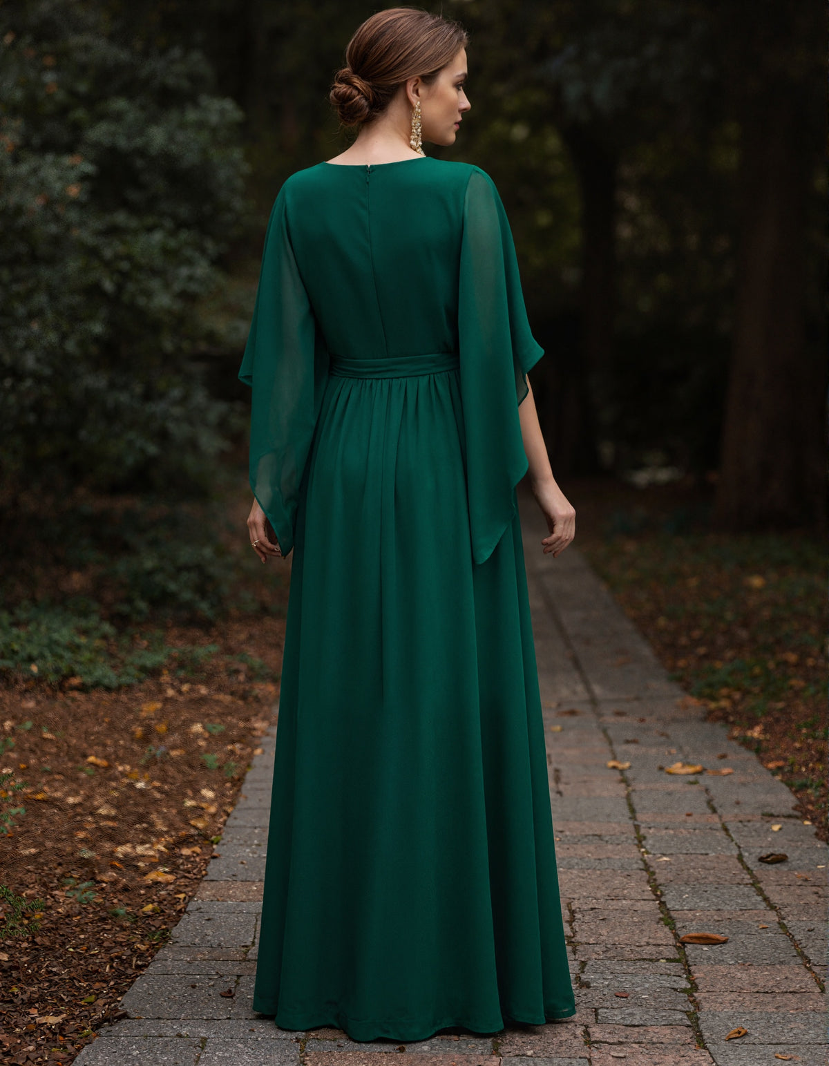 Dark Green V-Neck Chiffon Cape Sleeves Maxi Dress