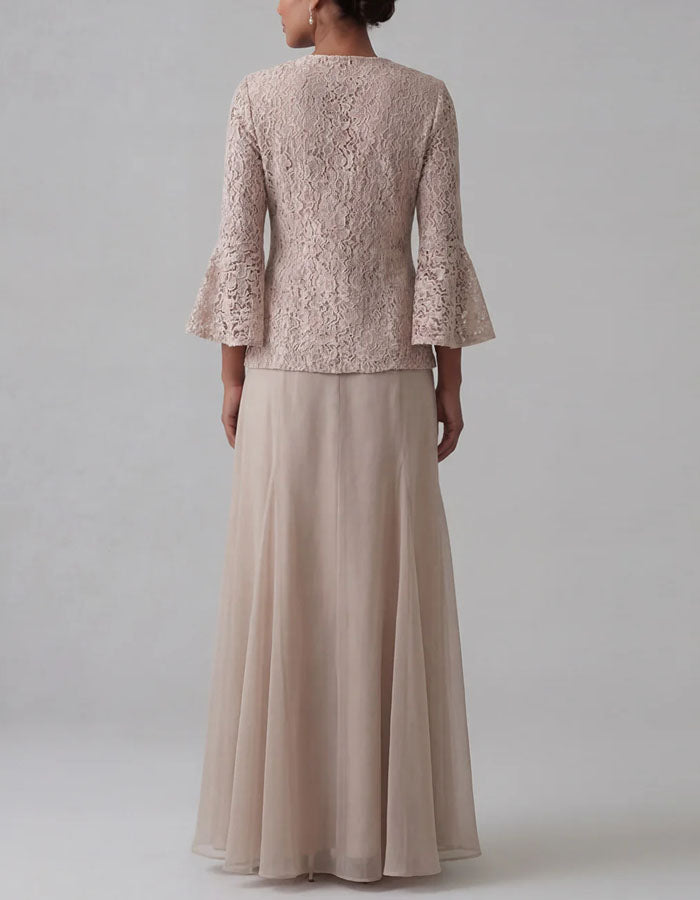 Nude Lace Jacket And Chiffon Maxi Skirt Two-Piece Suit