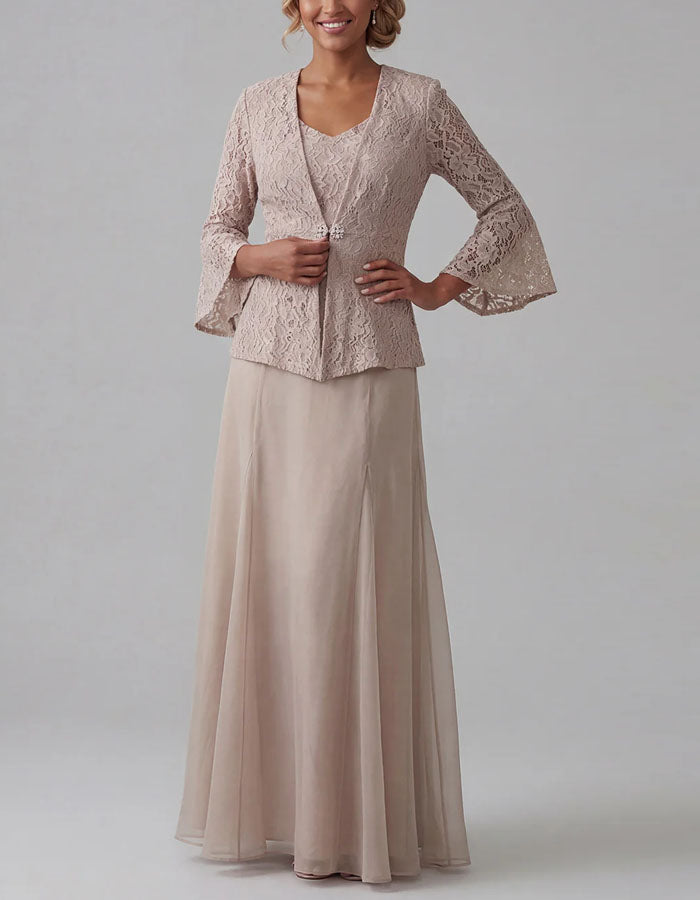 Nude Lace Jacket And Chiffon Maxi Skirt Two-Piece Suit