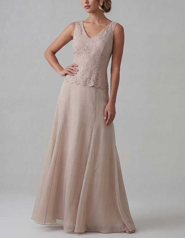 Nude Lace Jacket And Chiffon Maxi Skirt Two-Piece Suit