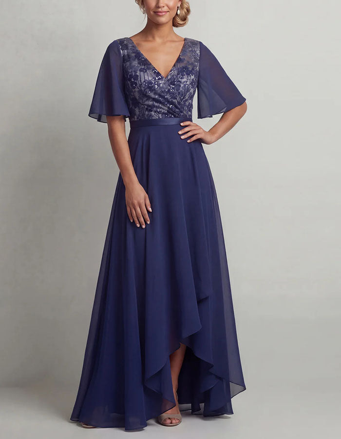 Navy Blue Sequined Lace Chiffon Maxi Dress
