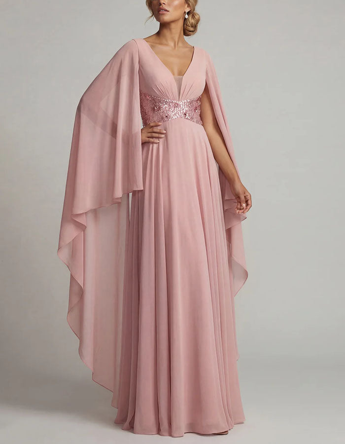 Pink Sequined Waist Belt Chiffon Cape Maxi Dress