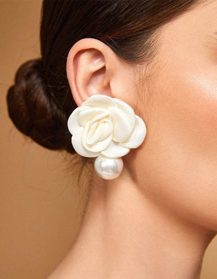 French Style Pearl Camellia Flower Earrings