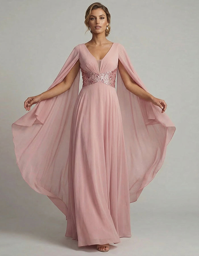 Pink Sequined Waist Belt Chiffon Cape Maxi Dress
