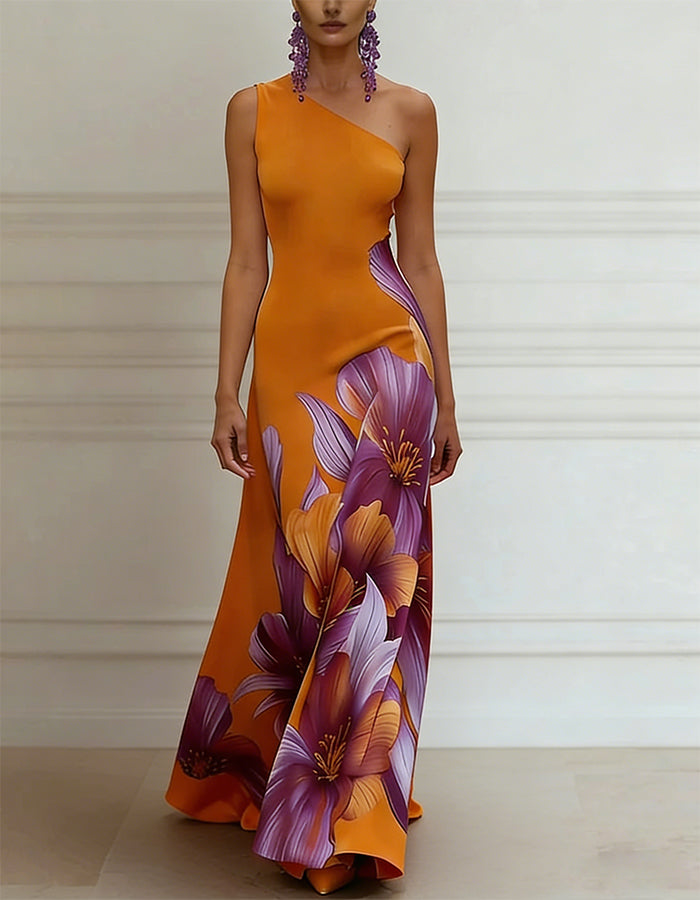 Orange Floral Off Shoulder Slim Fit Maxi Dress