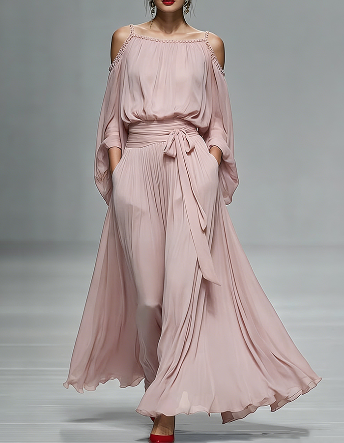 Blush Pink Chiffon Cold-Shoulder Maxi Dress
