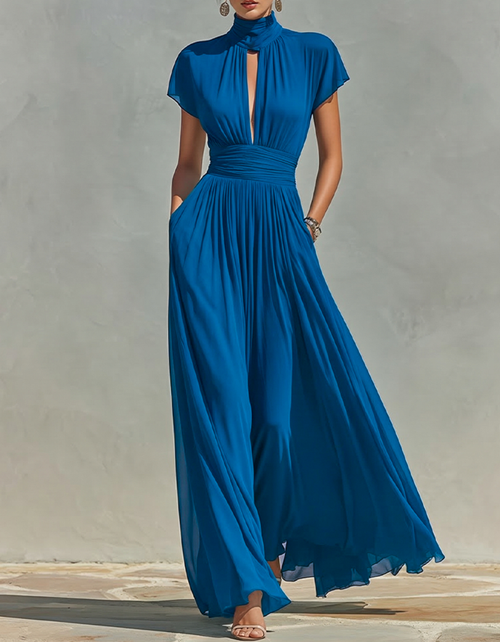Vibrant Blue Chiffon High-Neck Maxi Dress