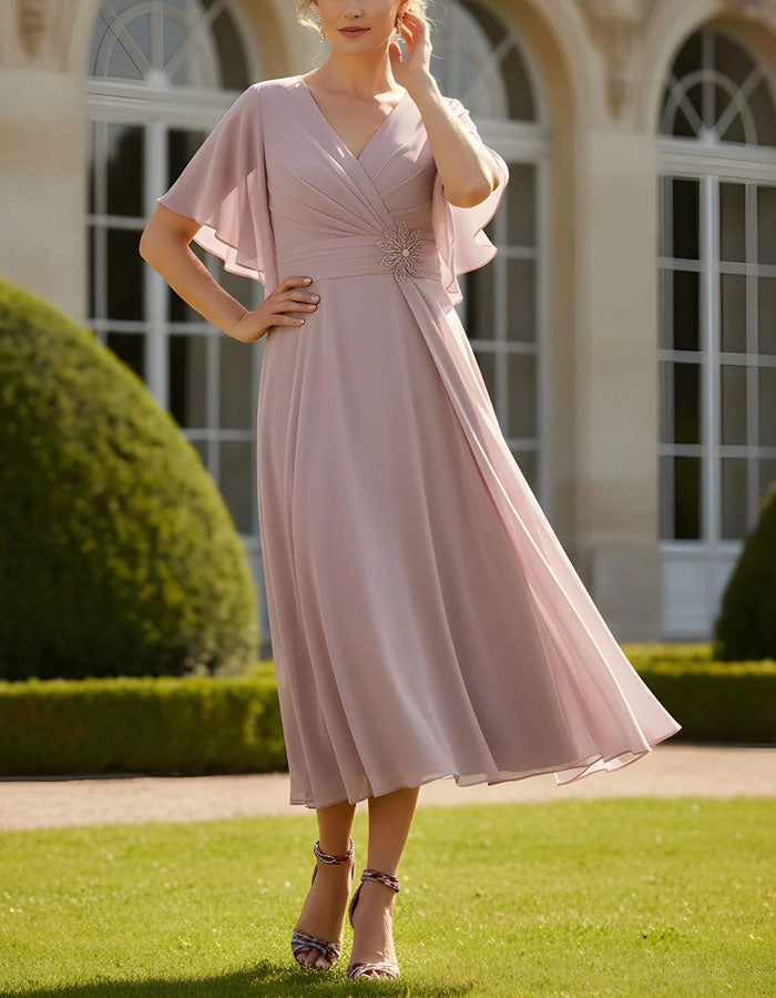 Grayish Pink V-Neck Chiffon Flutter Sleeves Midi Dress