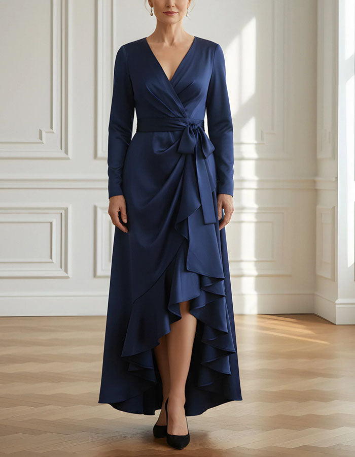 Navy Blue Satin V-neck Wrap Bodice With Ruffles Maxi Dress
