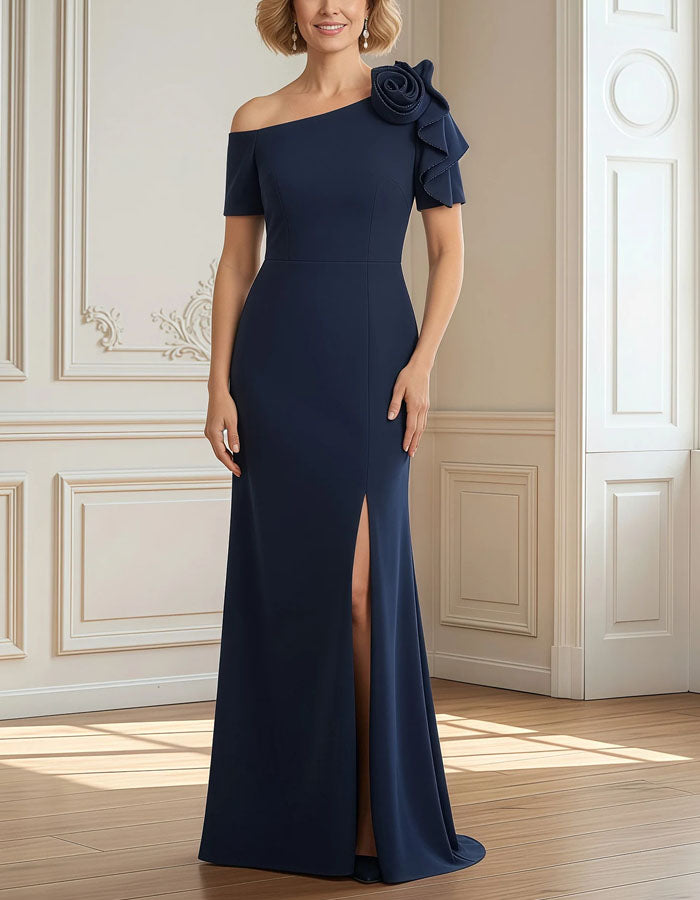 Navy Blue Sloping Shoulder 3D Fishtail Midi Dress