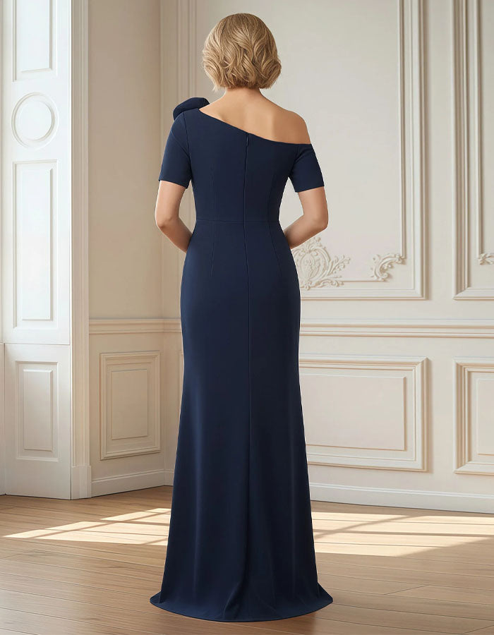Navy Blue Sloping Shoulder 3D Fishtail Midi Dress