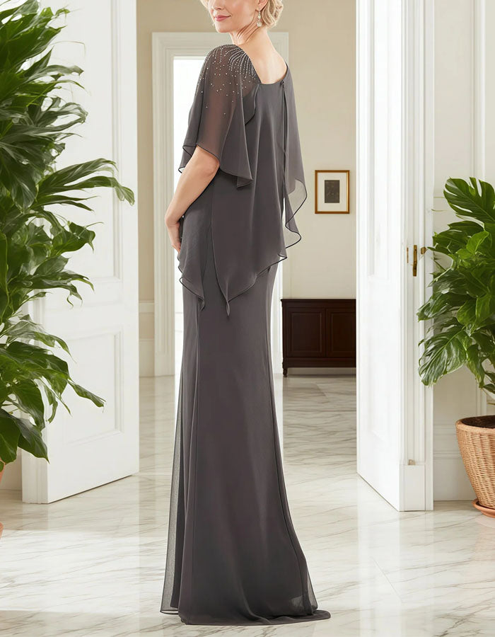 Grey Off Shoulder Chiffon Fishtail Maxi Dress