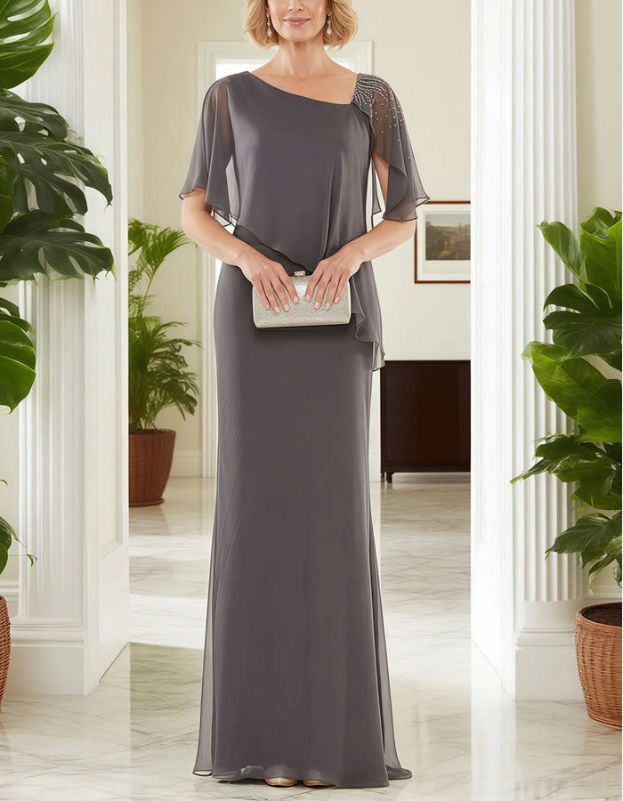 Grey Off Shoulder Chiffon Fishtail Maxi Dress