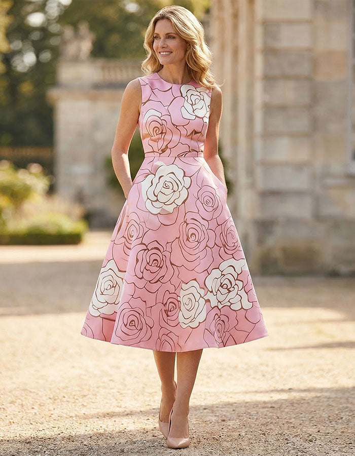 Pink And White Rose Print Waist Cinching Umbrella Midi Dress