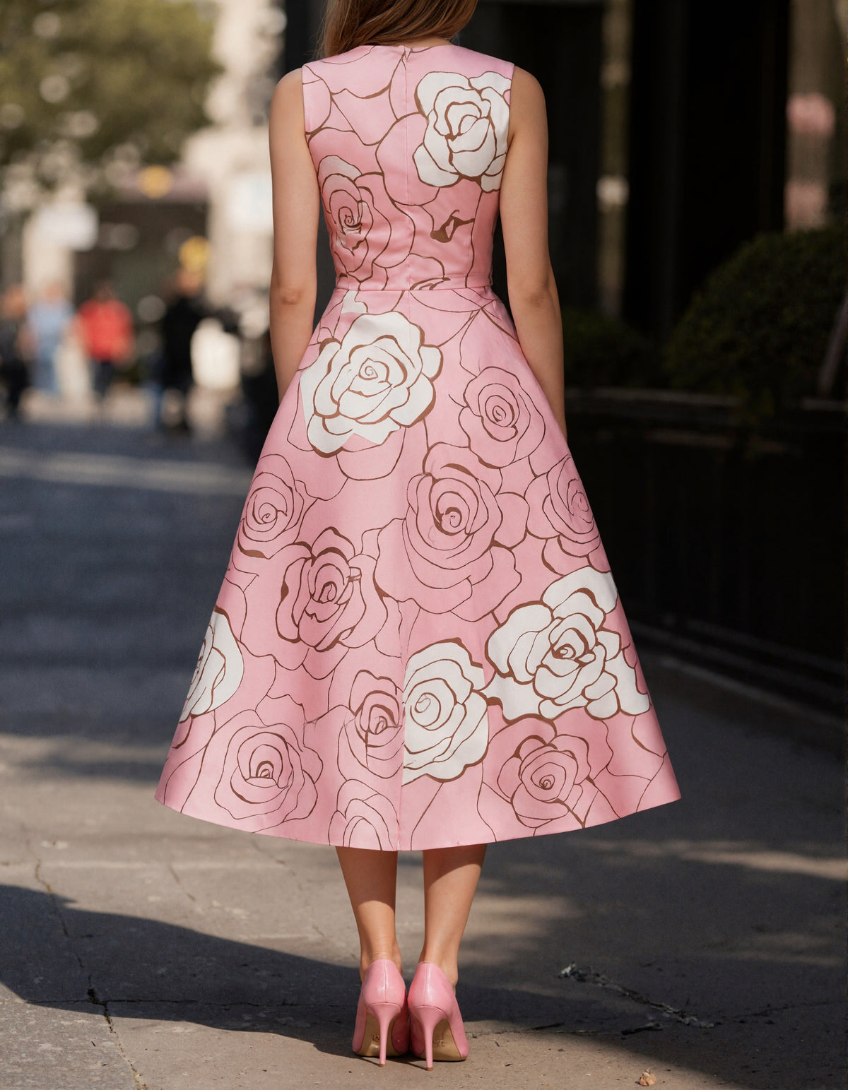 Pink And White Rose Print Waist Cinching Umbrella Midi Dress