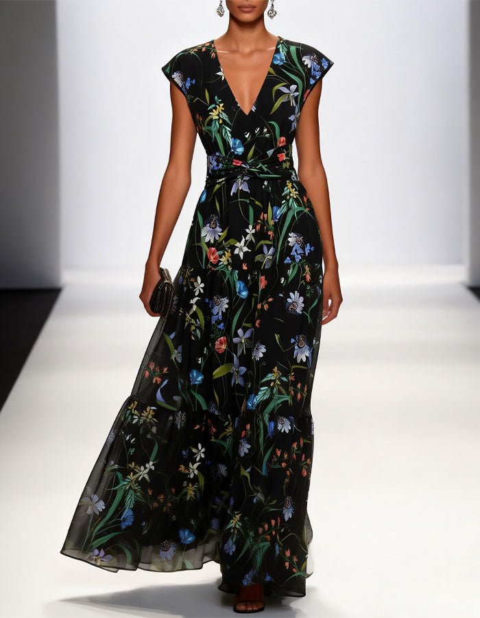 Black Floral V-Neck Chiffon Cake Maxi Dress