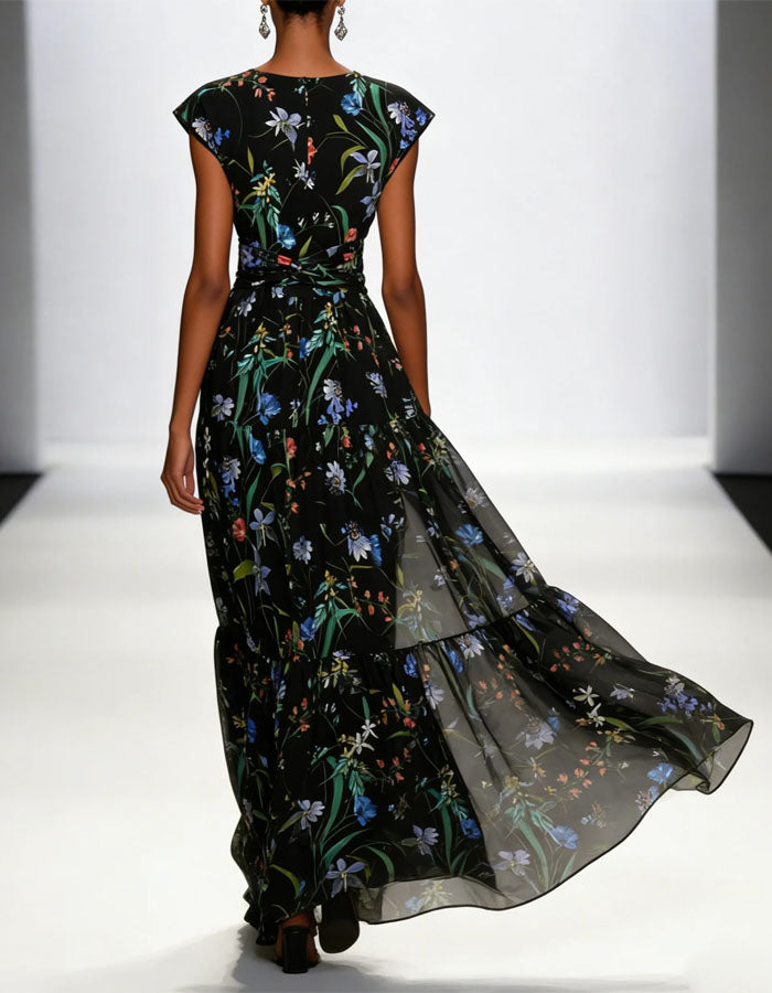 Black Floral V-Neck Chiffon Cake Maxi Dress