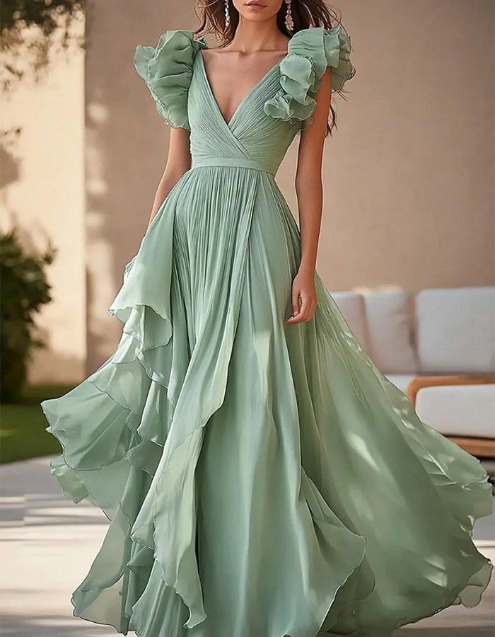 Sage Green Ruffled Chiffon Pleated Maxi Dress