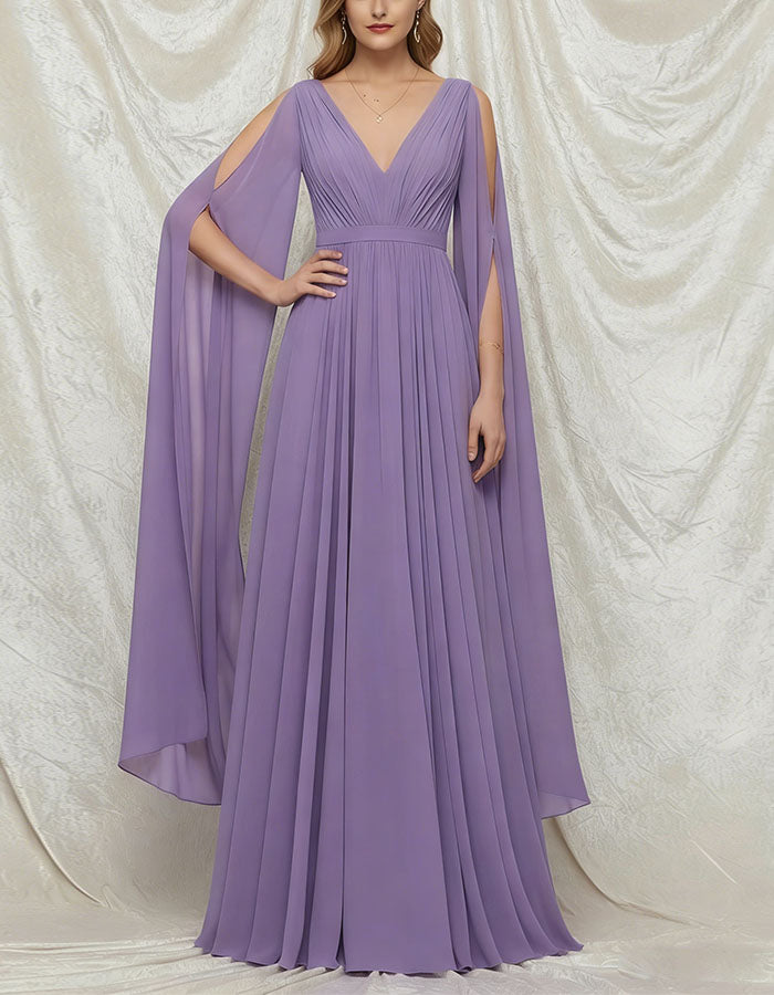 Purple V-Neck Slit Chiffon Cape Sleeves Maxi Dress