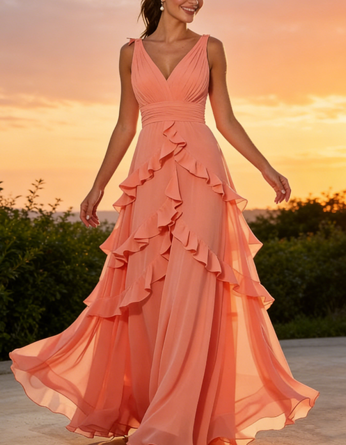 Coral Ruffled Chiffon Maxi Dress