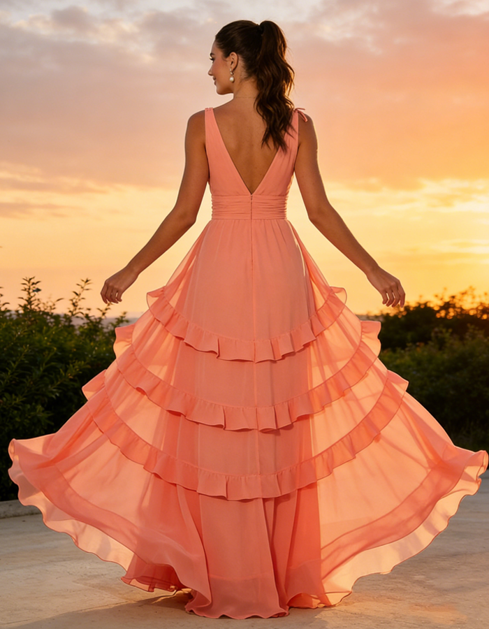 Coral Ruffled Chiffon Maxi Dress