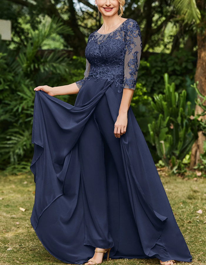 Chiffon Lace Round Neckline Jumpsuit