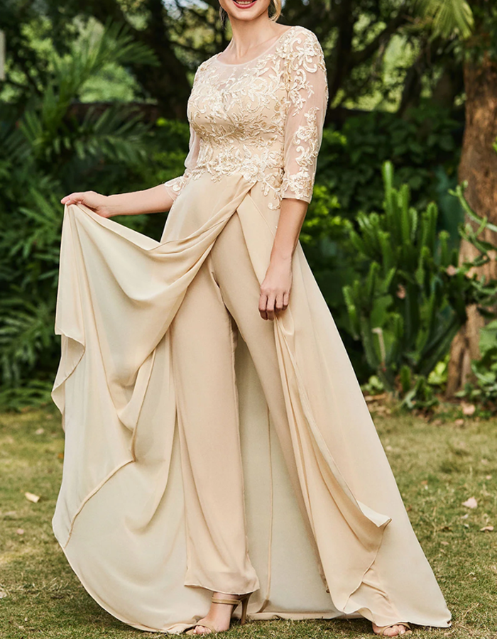 Chiffon Lace Round Neckline Jumpsuit
