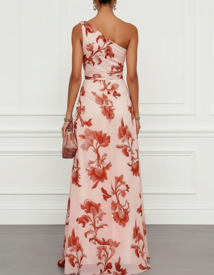 Vestido maxi de satén floral con un solo hombro