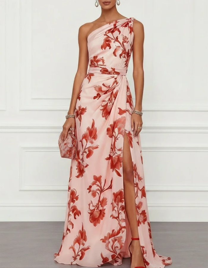 Vestido maxi de satén floral con un solo hombro