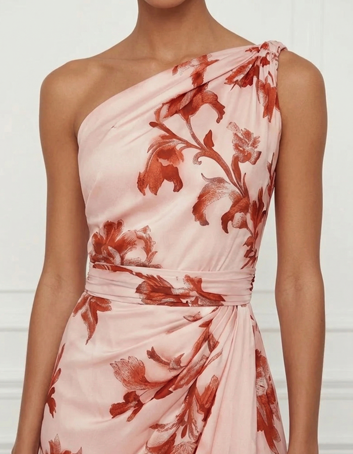One-Shoulder Floral Satin Maxi Dress