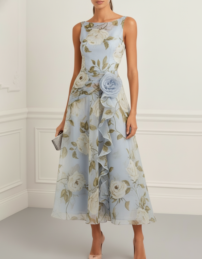 Sleeveless Boat-Neck Printed Chiffon Midi Dress
