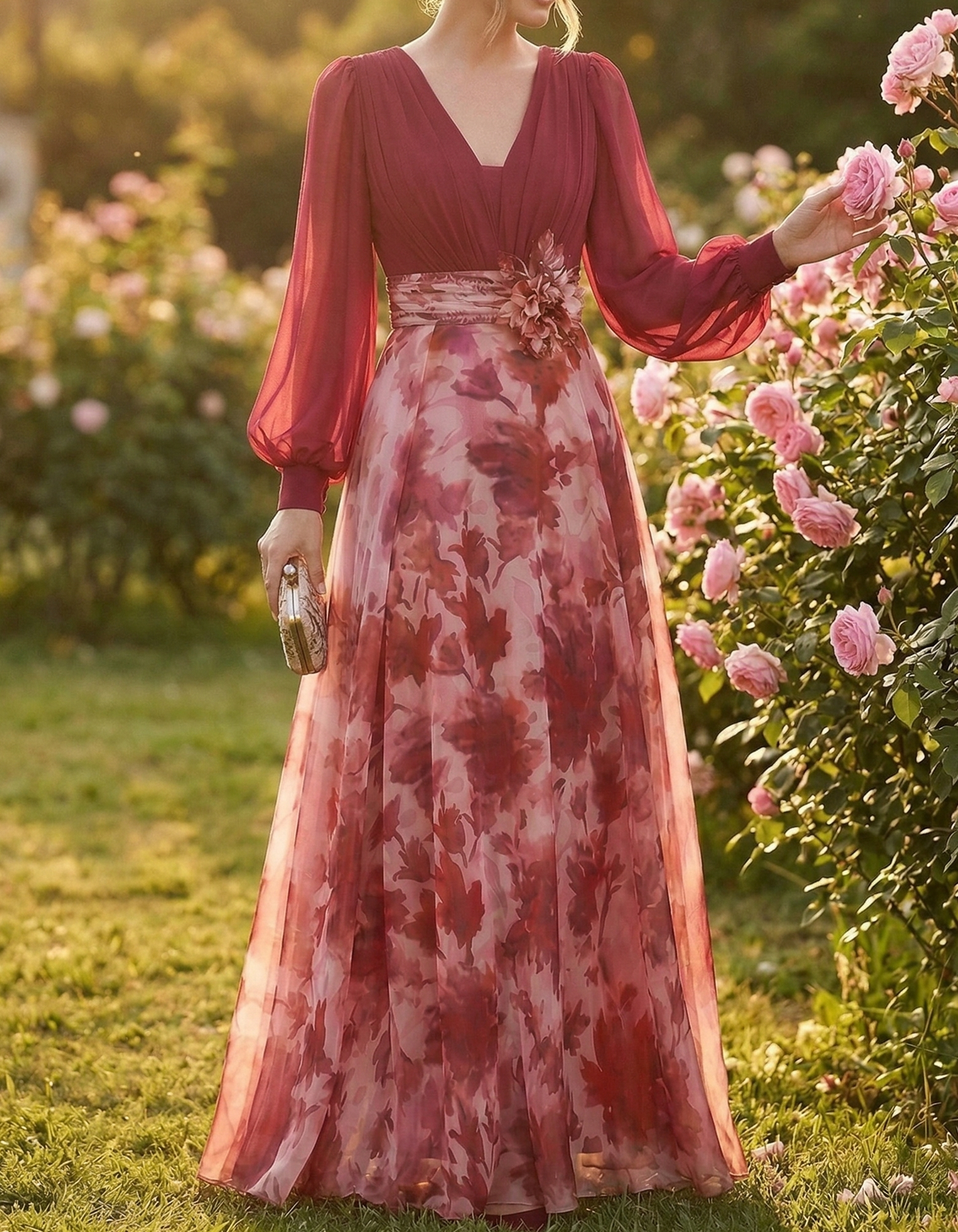 Rose Pink Chiffon Printed V-Neck Fitted Waist Maxi Dress