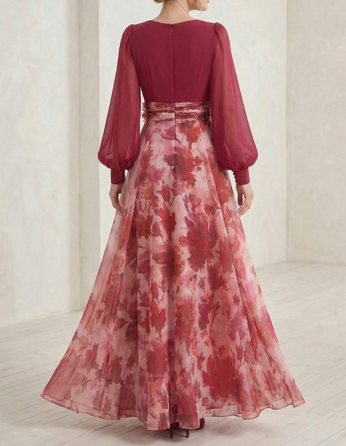 Rose Pink Chiffon Printed V-Neck Fitted Waist Maxi Dress