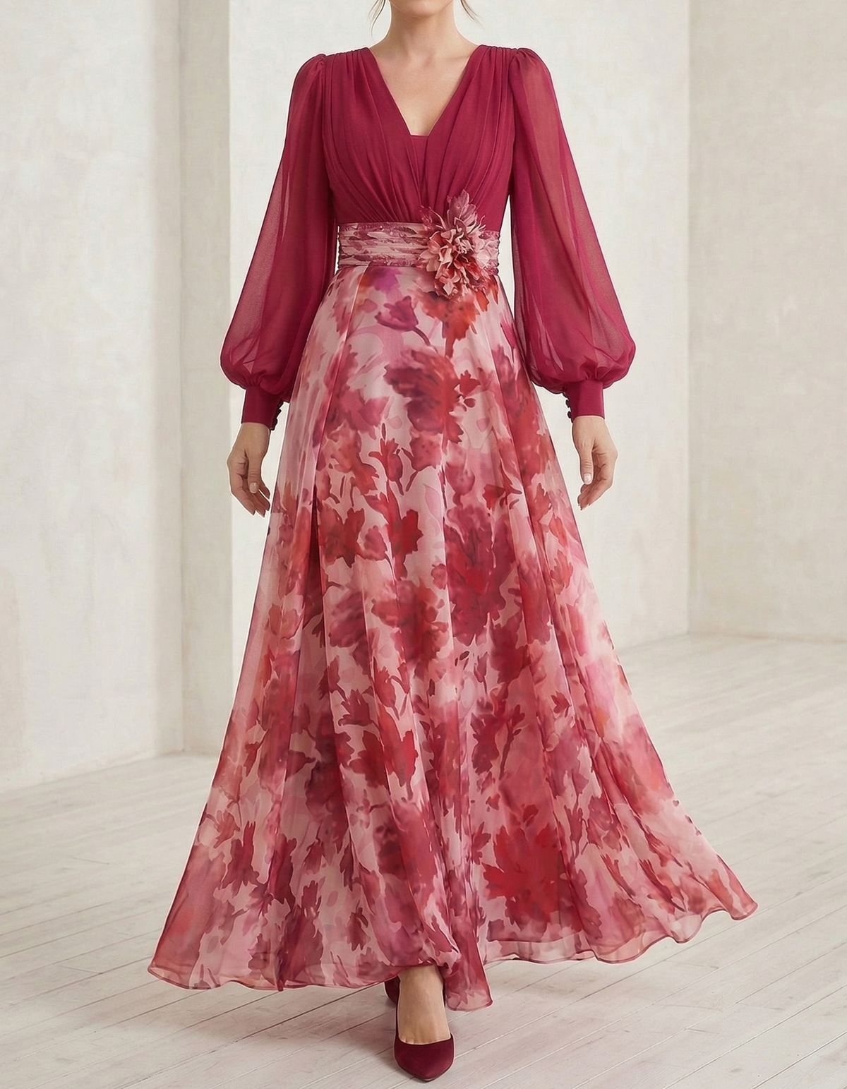 Rose Pink Chiffon Printed V-Neck Fitted Waist Maxi Dress
