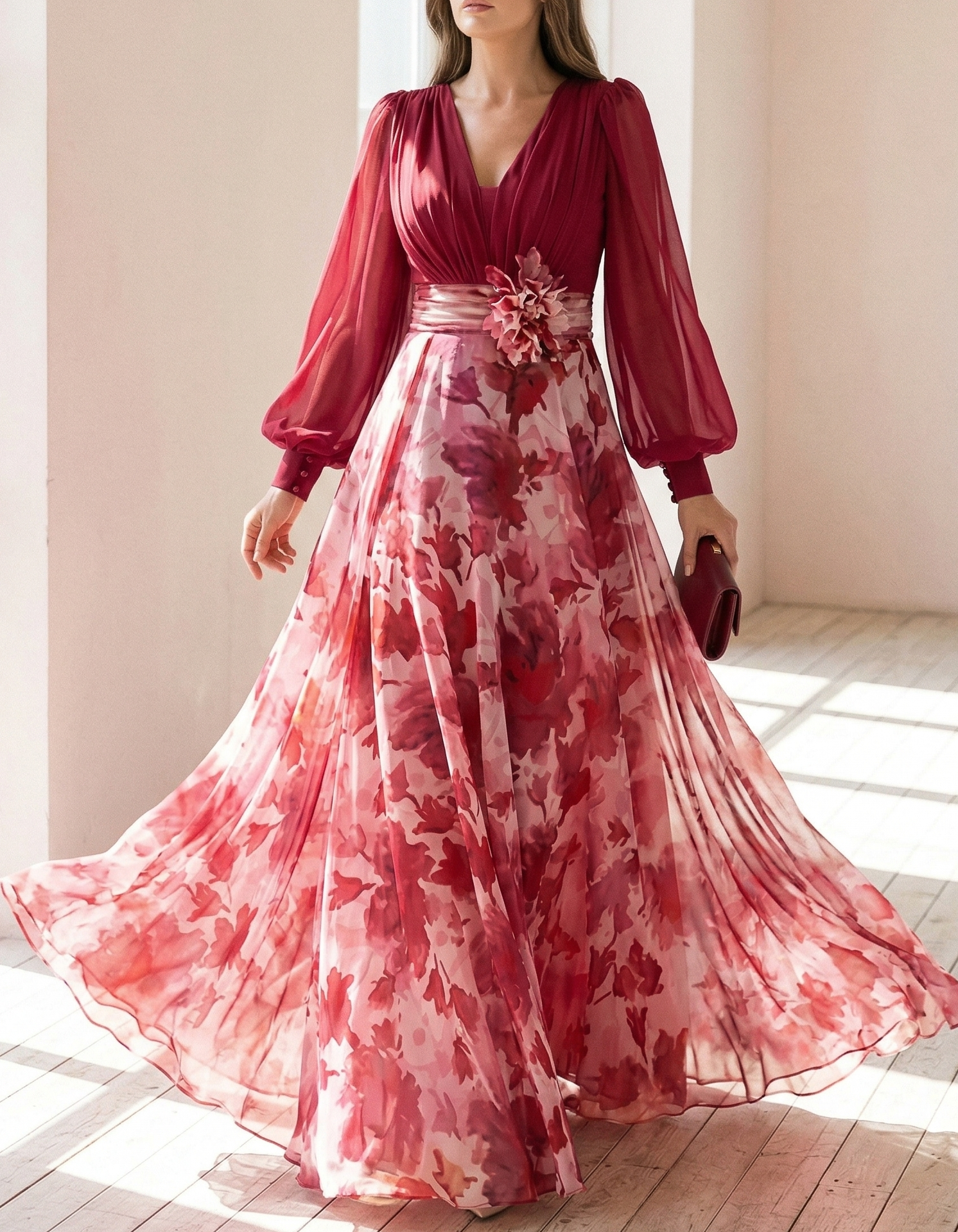 Rose Pink Chiffon Printed V-Neck Fitted Waist Maxi Dress