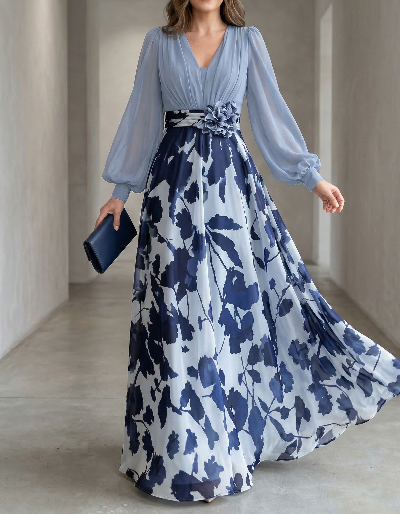 Blue-Grey Chiffon Printed V-Neck Fitted Waist Maxi Dress